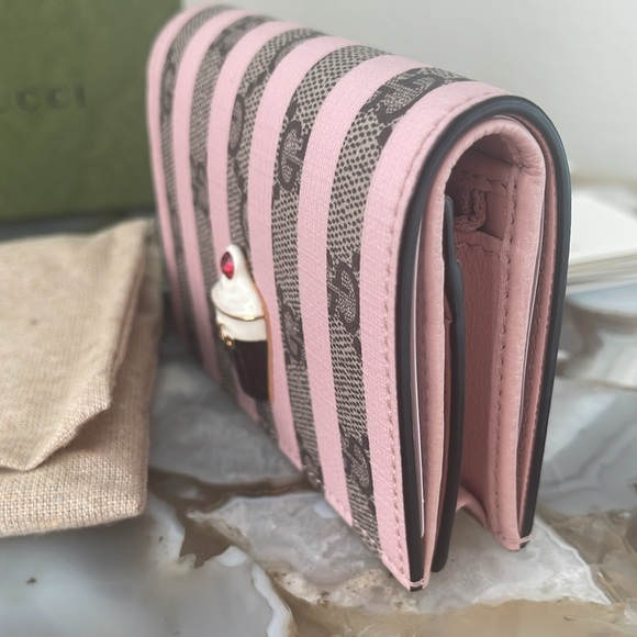 New, Authentic GUCCI Wallet Cupcake Pink Brown Stripes Love Parade GG LOGO - Picture 7 of 14